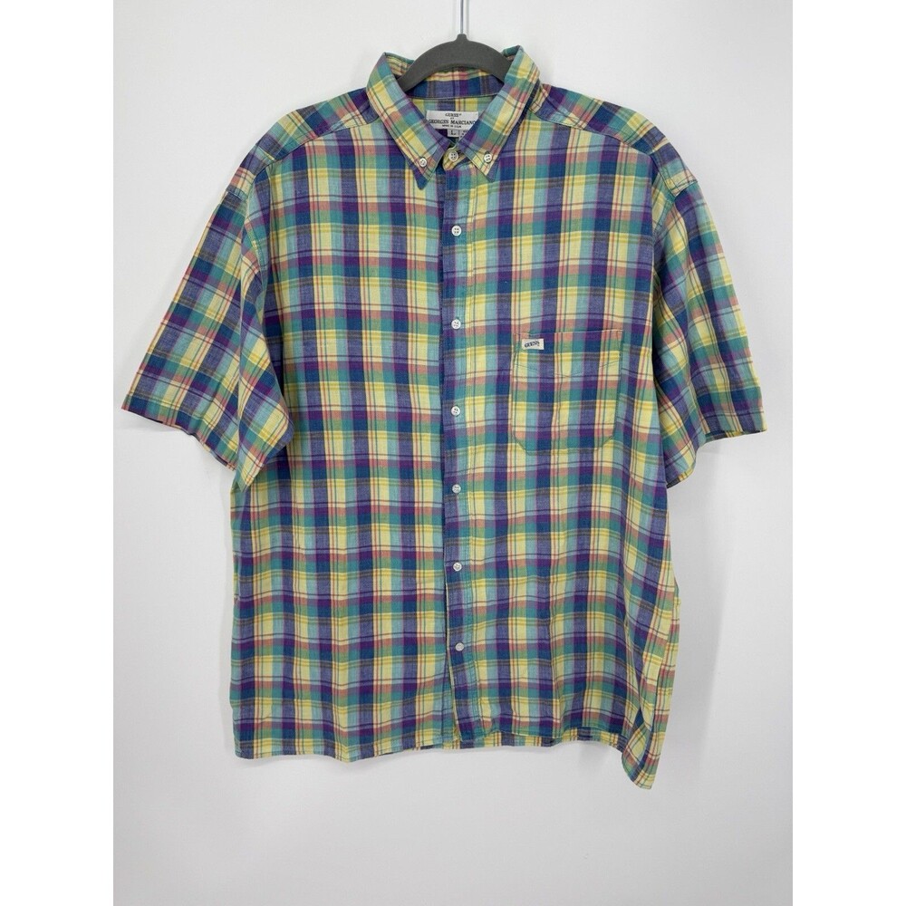 Vintage 90s Guess Jeans Pastel Plaid Short Sleeve Button Up USA Made VTG Shirt